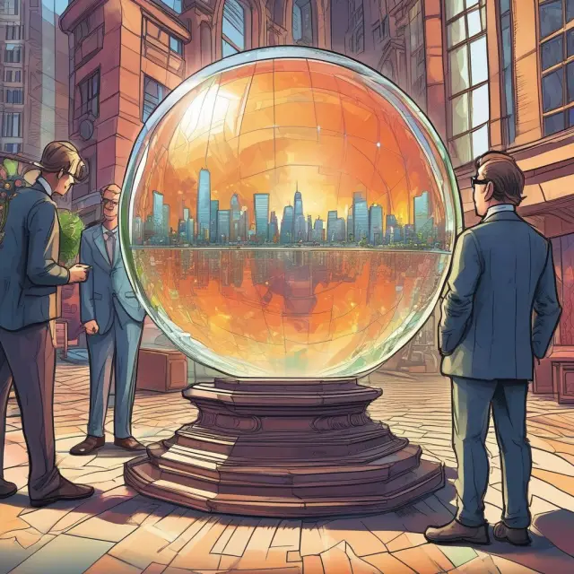 Five giants representing Google (Alphabet), Apple, Meta, Amazon, and Microsoft around a crystal ball showcasing market data in the tech sector.