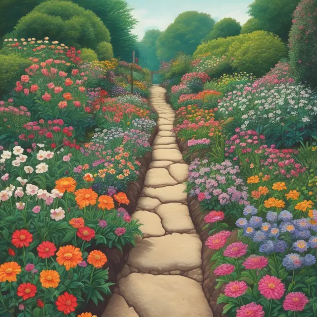 A vibrant garden filled with diverse flowers representing different types of financial gains: net, gross, short-term, and long-term; realized and unrealized.