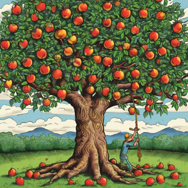 An apple tree adorned with golden apples symbolizes investment gains. The tax man skillfully trims the tree, illustrating the impact of capital gains taxes on realized profits.