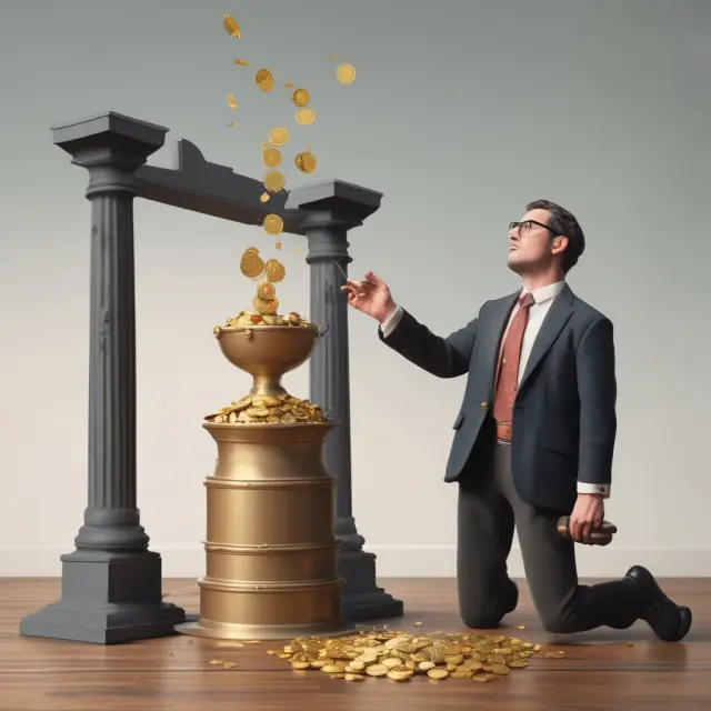 An investor calculates gains using a scale. Gold coins symbolize taxable gains, while lead coins represent losses