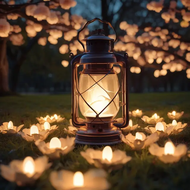 Warren Buffet holding a lantern, illuminating compounding gains in an orchard filled with diverse investments