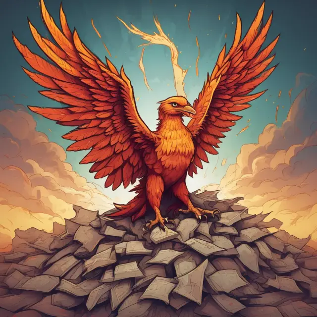 A mythical phoenix rising above a mound of ashes, symbolizing game-changers overcoming failures