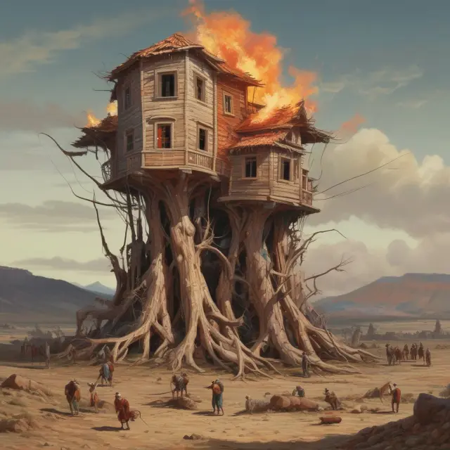 A panoramic scene featuring influential game-changers throughout history, depicted as flames igniting change in their respective landscapes