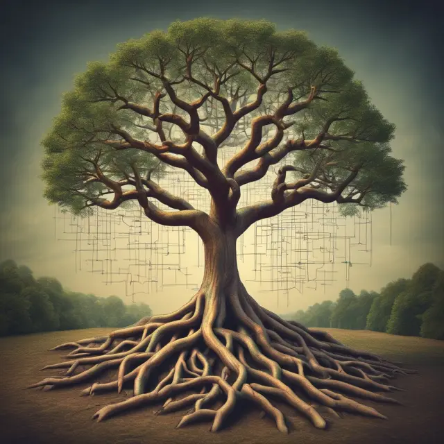 A tree symbolizing the evolution of game theory, with mathematicians John von Neumann and Oskar Morgenstern at its roots