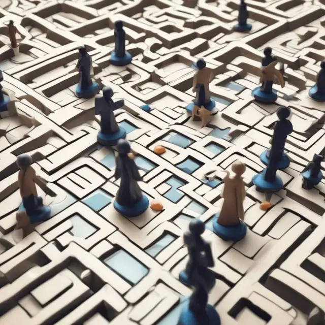 Economic agents represented as game pieces navigate a maze, demonstrating the complex strategic interactions in business using game theory
