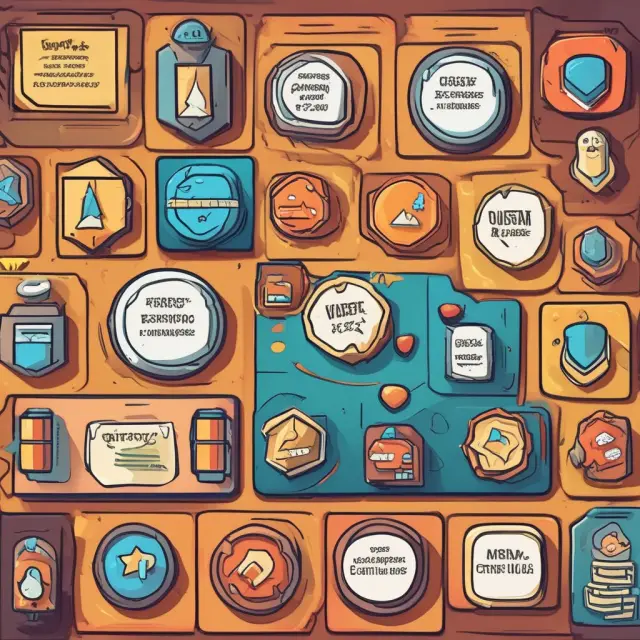 Illustration of gamification mechanics represented by game pieces: points, badges, leaderboards, and progress bars.