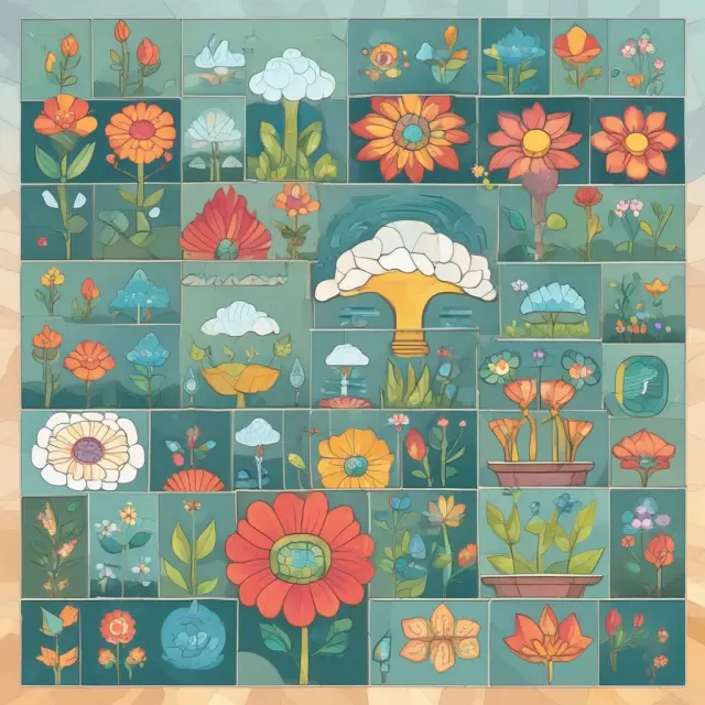 A mosaic depicting gamification elements: clear goals symbolized by beacons, feedback as nurturing rain, rewards as blooming flowers, and competition as a dynamic race.