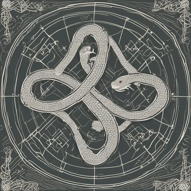 Two serpentine figures represent Gann angles and trendlines coiled around each other, emphasizing their importance in technical analysis for price prediction