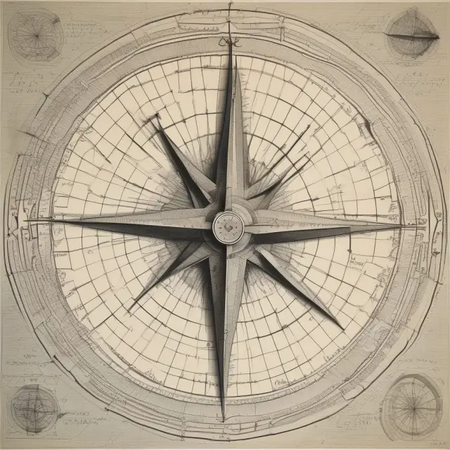 Compass representing individual Gann angles interpretation on a stormy sea of stock price charts