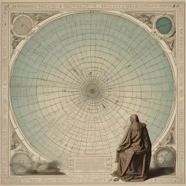 An oracle examining intricate Gann charts, revealing potential support and resistance levels through fan lines and square formations.