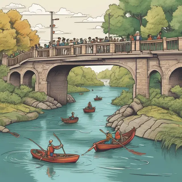 A bridge symbolizing gap analysis connecting the current and future states of a company. Team in a boat carries solutions to close performance gaps.