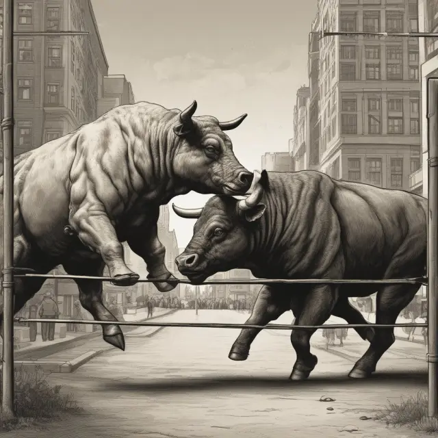 Bull and bear depicted in an intense wrestling match over a large gap on a stock chart, highlighting the volatile nature of markets.