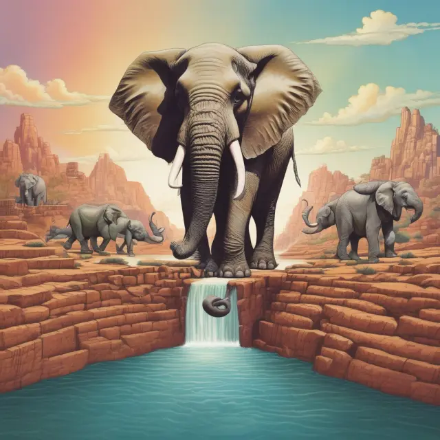 A large elephant elegantly balancing on a tightrope between two continents, representing a significant price shift as seen in breakaway gaps.