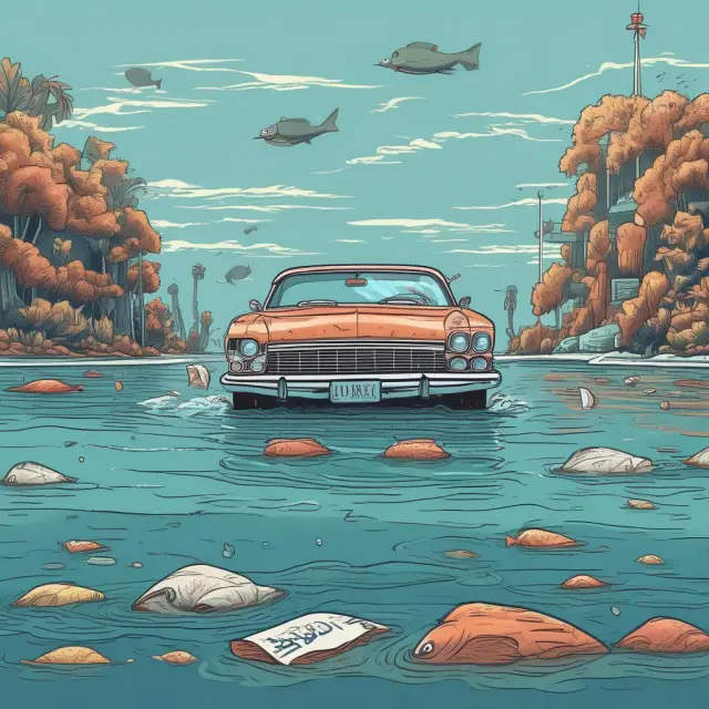 Car submerged in water with a price tag showing 