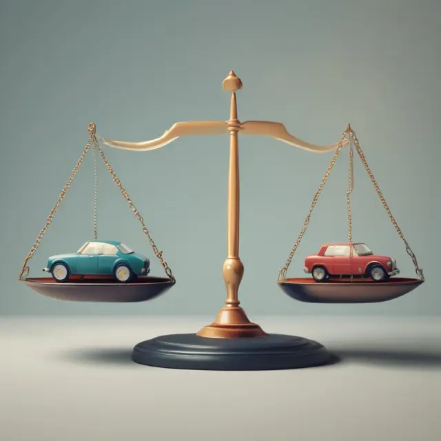 Visual representation of gap insurance: A balance scale with a car representing financial debt and an hourglass illustrating time. Gap insurance fills the gap between them, maintaining equilibrium.