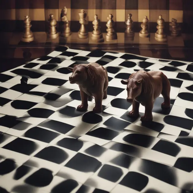 Two figures (bear, bull) on a chessboard surrounded by gaps, symbolizing stock price discontinuities