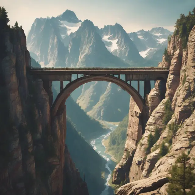 Bridge crossing breakaway gap between two mountains, symbolizing price difference and trend shifts