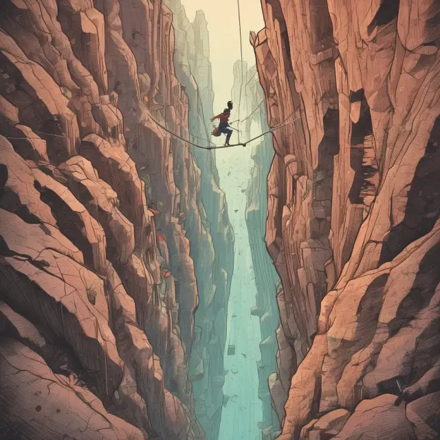 A trader precariously perched on a tightrope over a gaping chasm, symbolizing the risk of stop loss orders being triggered by gapping stock prices
