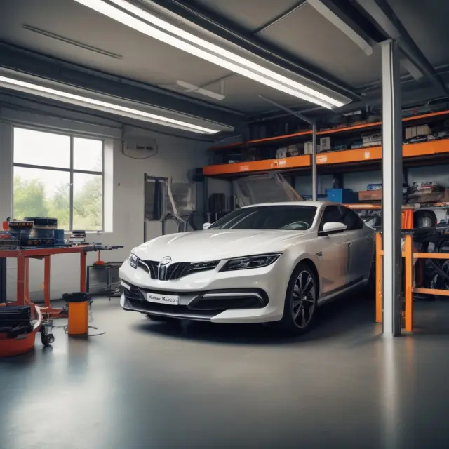 A garage setting, showcasing cars undergoing repairs with a shield symbolically protecting them from potential damage