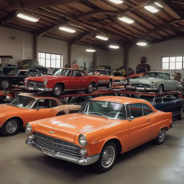 An image of a busy garage with vintage vehicles being repaired and a tow-truck entering, illustrating the importance of garage liability insurance for automotive businesses.