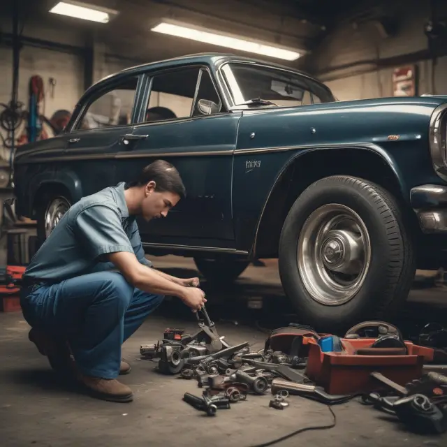 Mechanic working on a car with a shield representing garage liability insurance hovering nearby