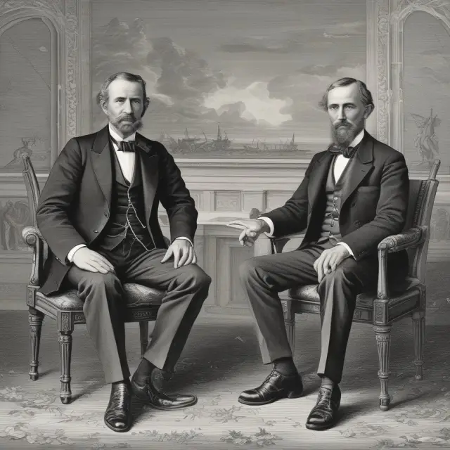 Congressmen Fernand St. Germain and Jake Garn steering a boat through turbulent economic waters, symbolizing the Garn-St. Germain Depository Institutions Act