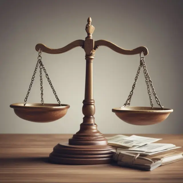 A balance scale with weights symbolizing child support, unpaid taxes, loans, bankruptcy orders, and voluntary wage assignments.