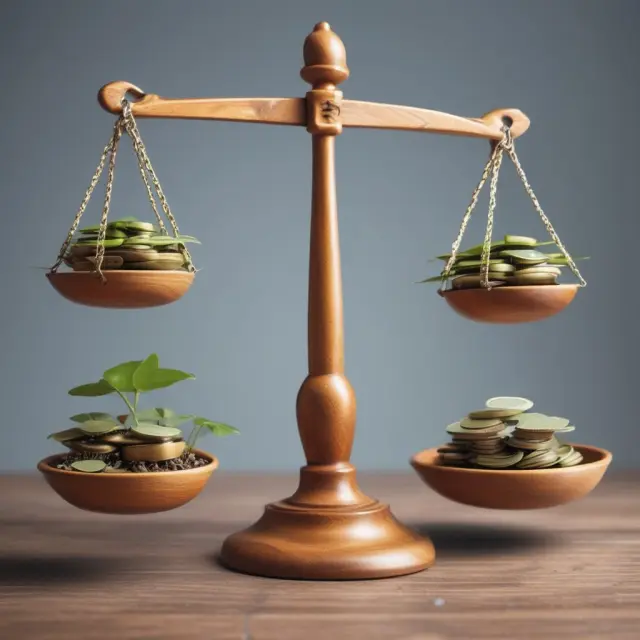 A balance scale holding two pegs representing growth and value, with stocks flowing between. Investor analyzes PEG ratios to determine attractive opportunities for GARP portfolio.