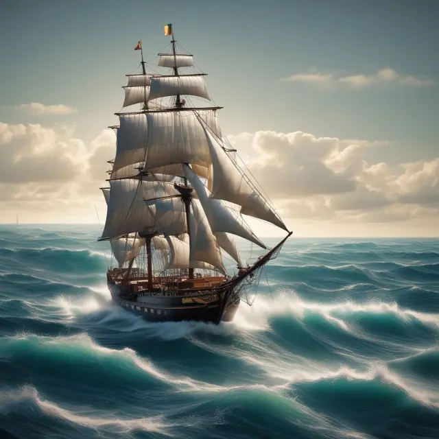An investor at the helm of a boat with sails representing GARP strategy navigating between two shores labeled