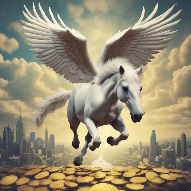 Pegasus flying above a vibrant stock market, symbolizing Growth at a Reasonable Price strategy with balance and potential for higher returns.
