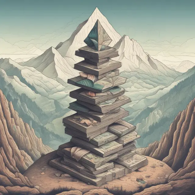 An institutional investor climbing a mountain of financial data, using Gartley patterns as guidance for potential entry and exit points