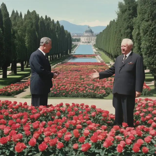A vibrant rose garden flourishing after the Geneva Conference, representing international trade cooperation and tariff reductions
