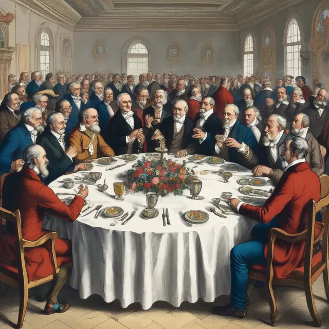 An image of countries gathering around a negotiation table in Annecy, reducing tariffs to facilitate global economic cooperation