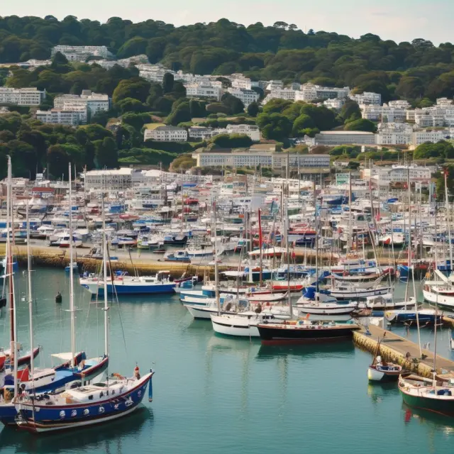 A bustling harbor at Torquay, England, symbolizing the third round of GATT negotiations with waves representing Japan