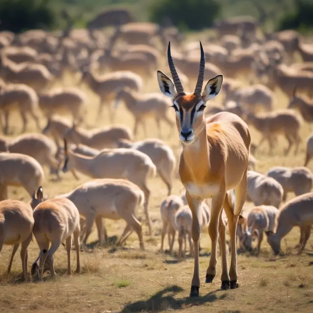Gazelle company grazes in prosperous pasture, surrounded by smaller herd members, representing job creation.