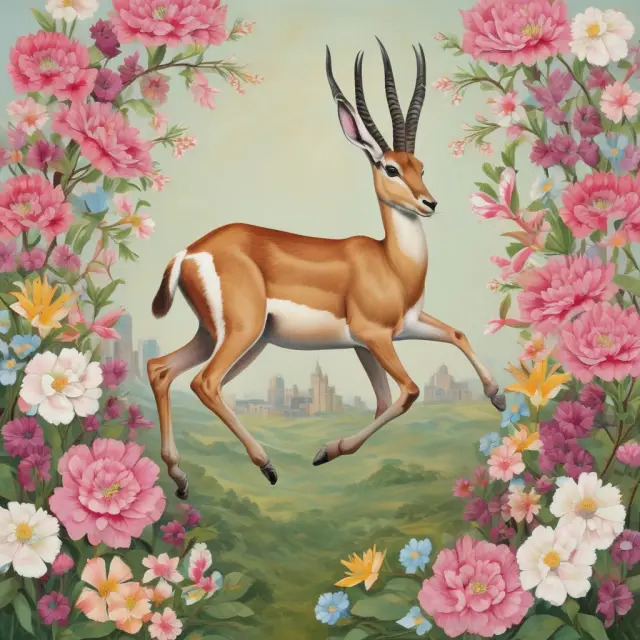 A graceful gazelle jumping through fields of blooming industries, symbolizing rapid revenue growth and job creation in a dynamic economy