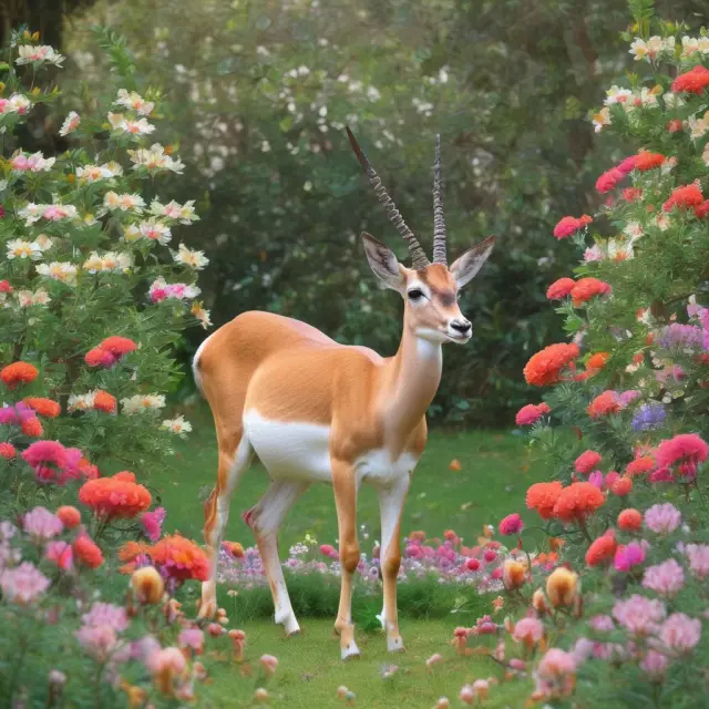 A gazelle standing proudly amidst a garden filled with vibrant, growing flowers, symbolizing the risks and rewards of investing in rapidly expanding companies.