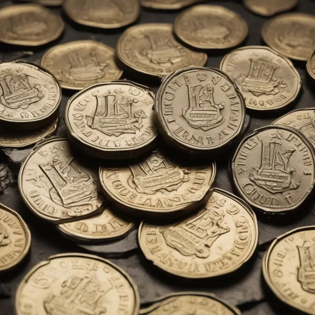 An image of a melting British pound coin between two World War anvil symbols, representing the impact on the value and strength of the British pound during the conflicts
