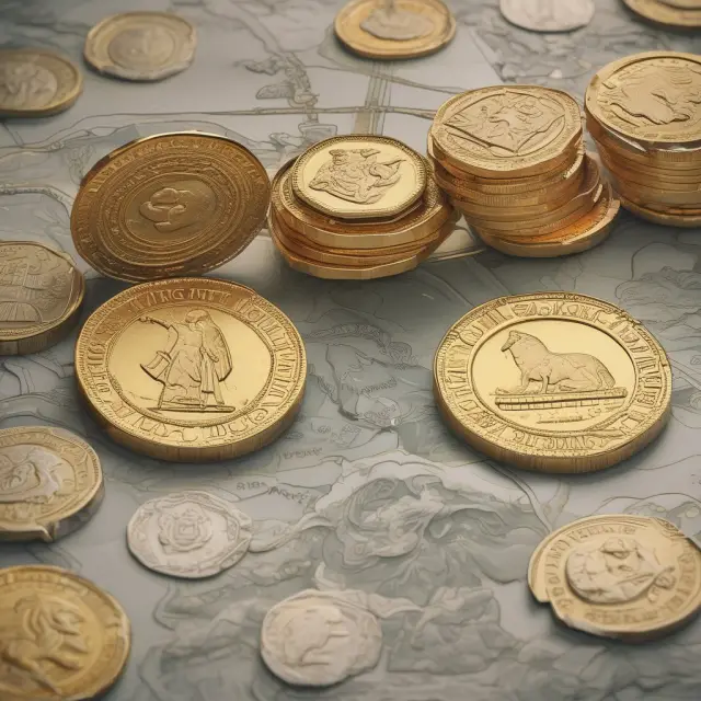 Gold coins connecting various historical periods, illustrating the British pound