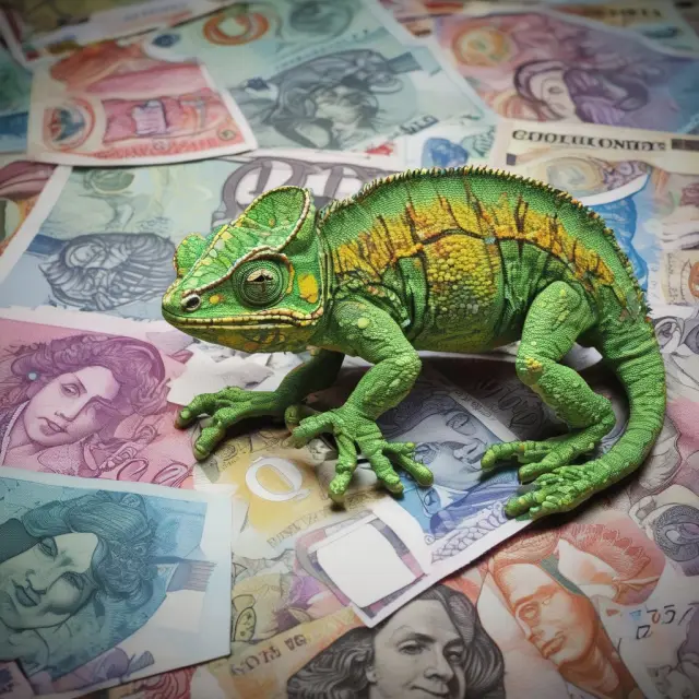A British pound coin transforming into a chameleon on a bustling global trading floor, symbolizing its adaptability to various market conditions