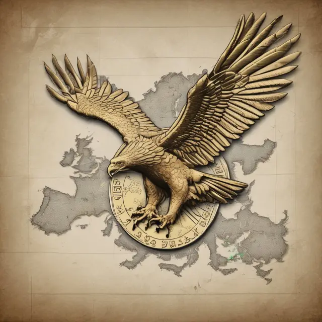 An ancient British pound coin morphing into a golden eagle in flight above an EU map, representing Brexit