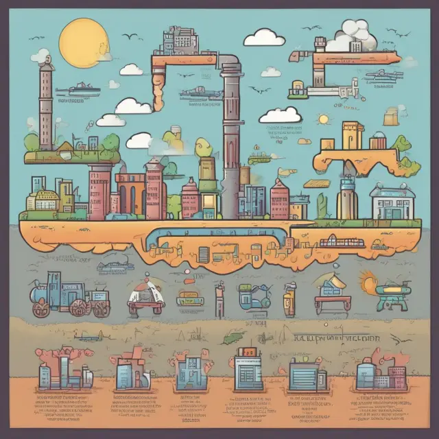 A lush landscape with six pillars symbolizing GDP components: consumption (households and government), govt. outlays, investments, inventories, construction costs, foreign trade.