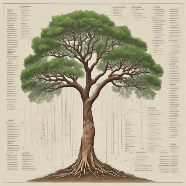 A tree sprouting from a historical seed, its branches spreading and intertwining to form a vast global network representing GDP