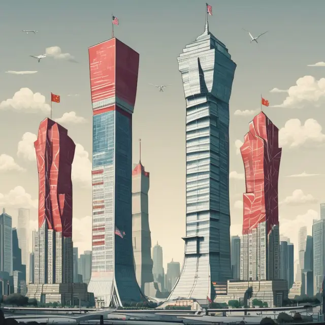 Image of the United States and China represented as two colossal structures with varying economic output