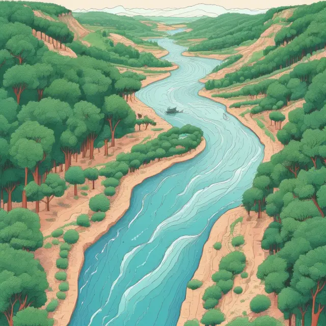 A meandering river symbolizing the relationship between business cycles and GDP gaps with positive (full) and negative (empty) sections representing periods of economic expansion and contraction