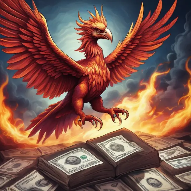 A monetary phoenix rising from ashes, symbolizing economic recovery, while a fiscal alchemist wields tools to bridge potential GDP gaps