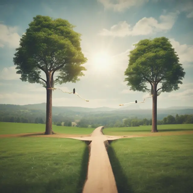 Landscape of actual GDP (left) with trees symbolizing economic output balanced on a seesaw against potential GDP (right), represented by a lush, fertile terrain.