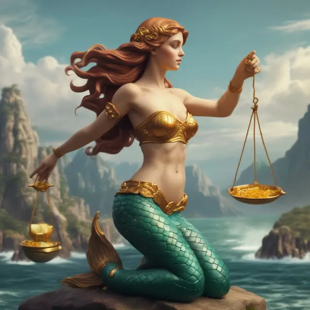 A mermaid gently balancing nominal and real GDP on a golden scale, illustrating the significance of considering price changes in economic analysis.