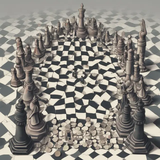 A metaphorical image of a giant chessboard populated by pieces symbolizing various currencies and conversion ratios, with a depositary bank overseeing the game and ensuring fair play