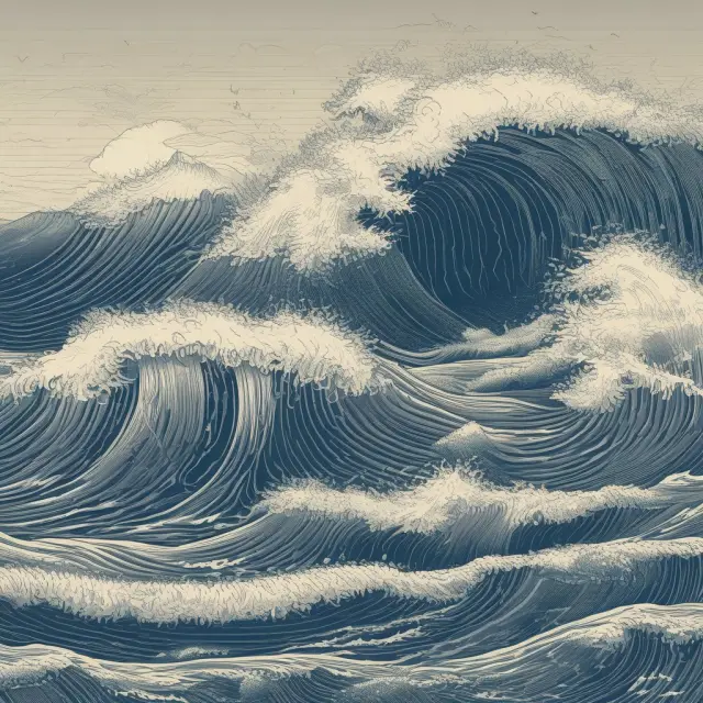 Waves symbolizing different currencies crashing against a financial shoreline, illustrating currency risk in GDR investments